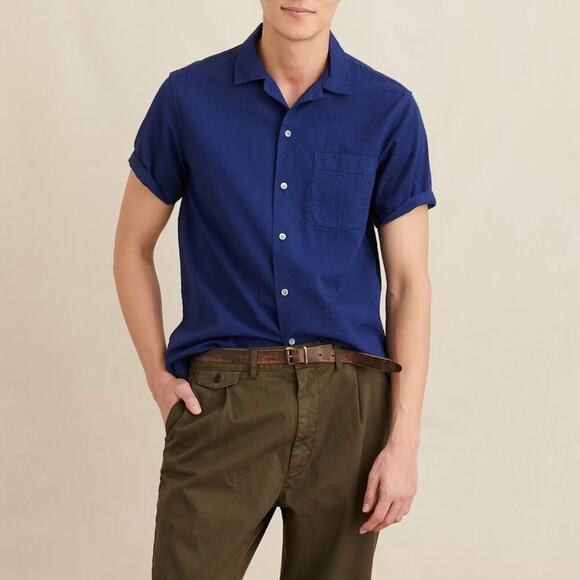 Alex Mill Seersucker Cotton Camp Shirt in Navy Blue - Picture 1 of 5